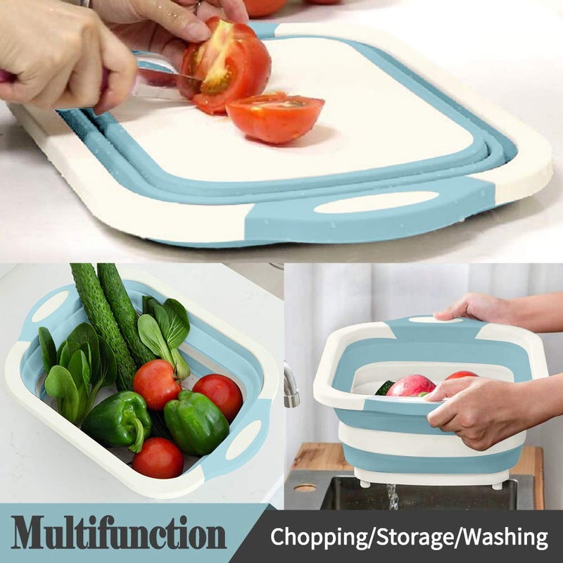 Rottogoon Collapsible Cutting Board, Foldable Chopping Board with Colander, Multifunctional Kitchen Vegetable Washing Basket Silicone Dish Tub for BBQ Prep/Picnic/Camping(Light Blue) - Image 5